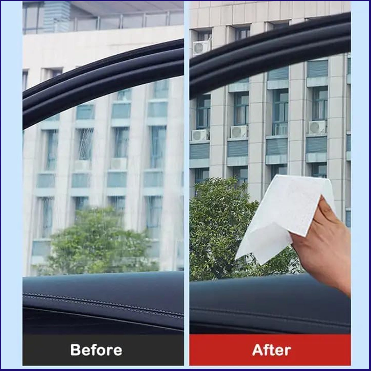 Before and after using dashboard cleaning tissues for a spotless car interior look