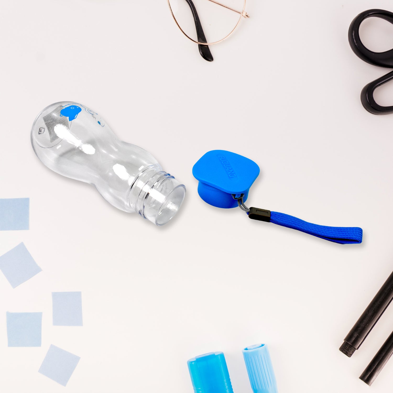 Clear 280 ml water bottle with a blue carry strap, ideal for daily hydration on the go