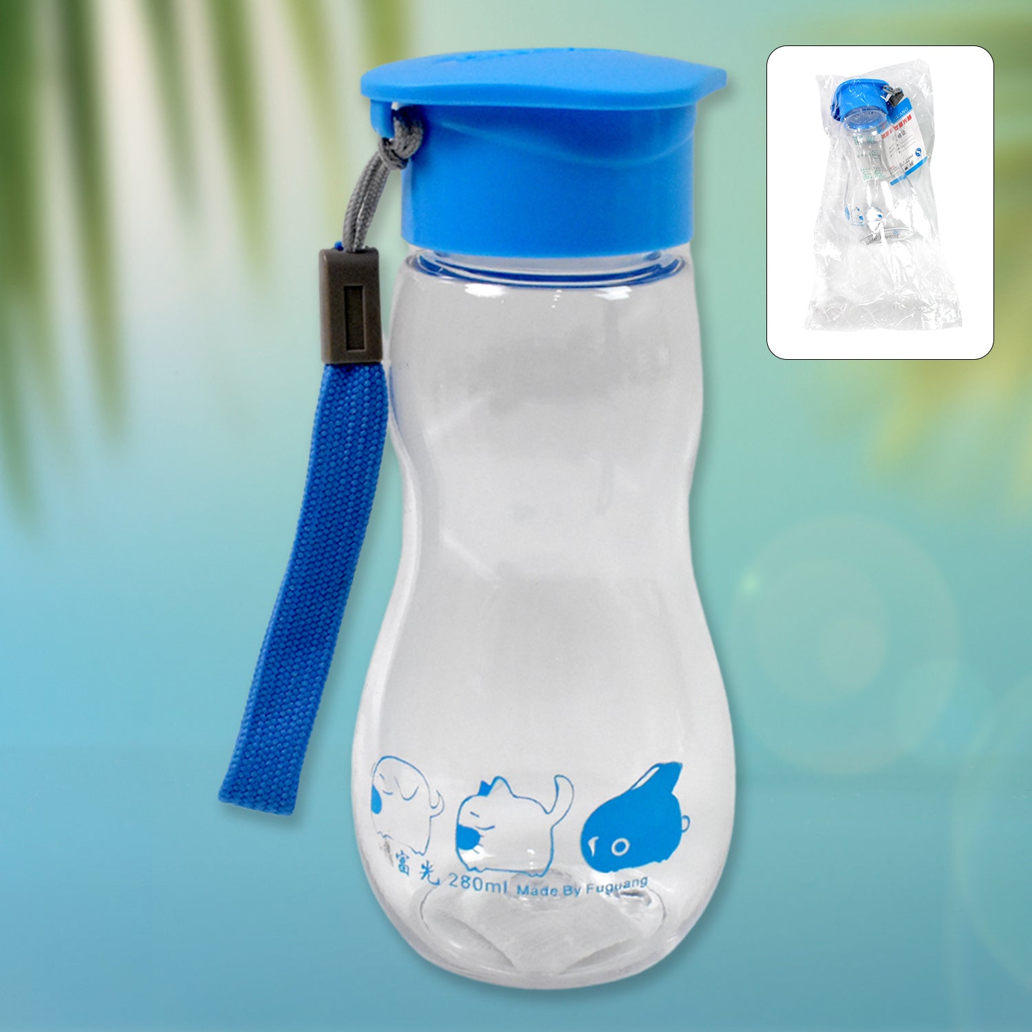 Transparent water bottle with carry strap, 280 ml capacity, featuring fun animal designs