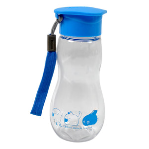 Clear 280 ml water bottle with a carry strap and a blue cap, featuring cute animal designs