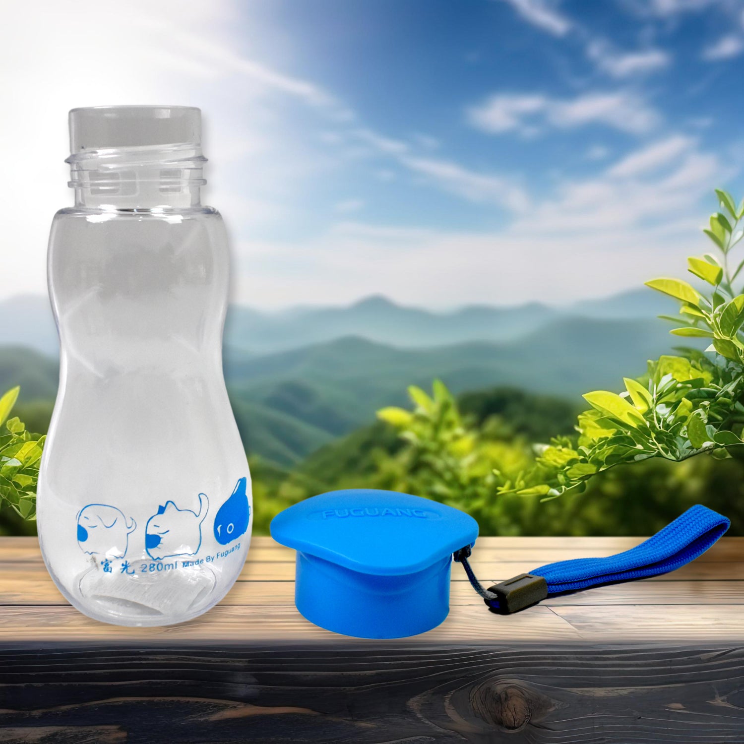 Transparent 280 ml water bottle with a carry strap and blue cap, ideal for outdoor activities