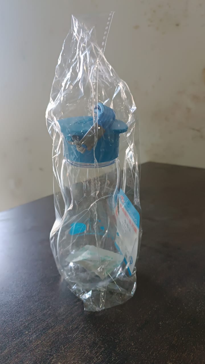 Clear 280 ml water bottle with carry strap and blue lid, packaged in plastic wrap