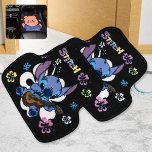 Cartoon car floor mats featuring Stitch with a guitar and colorful flowers for a fun vehicle interior
