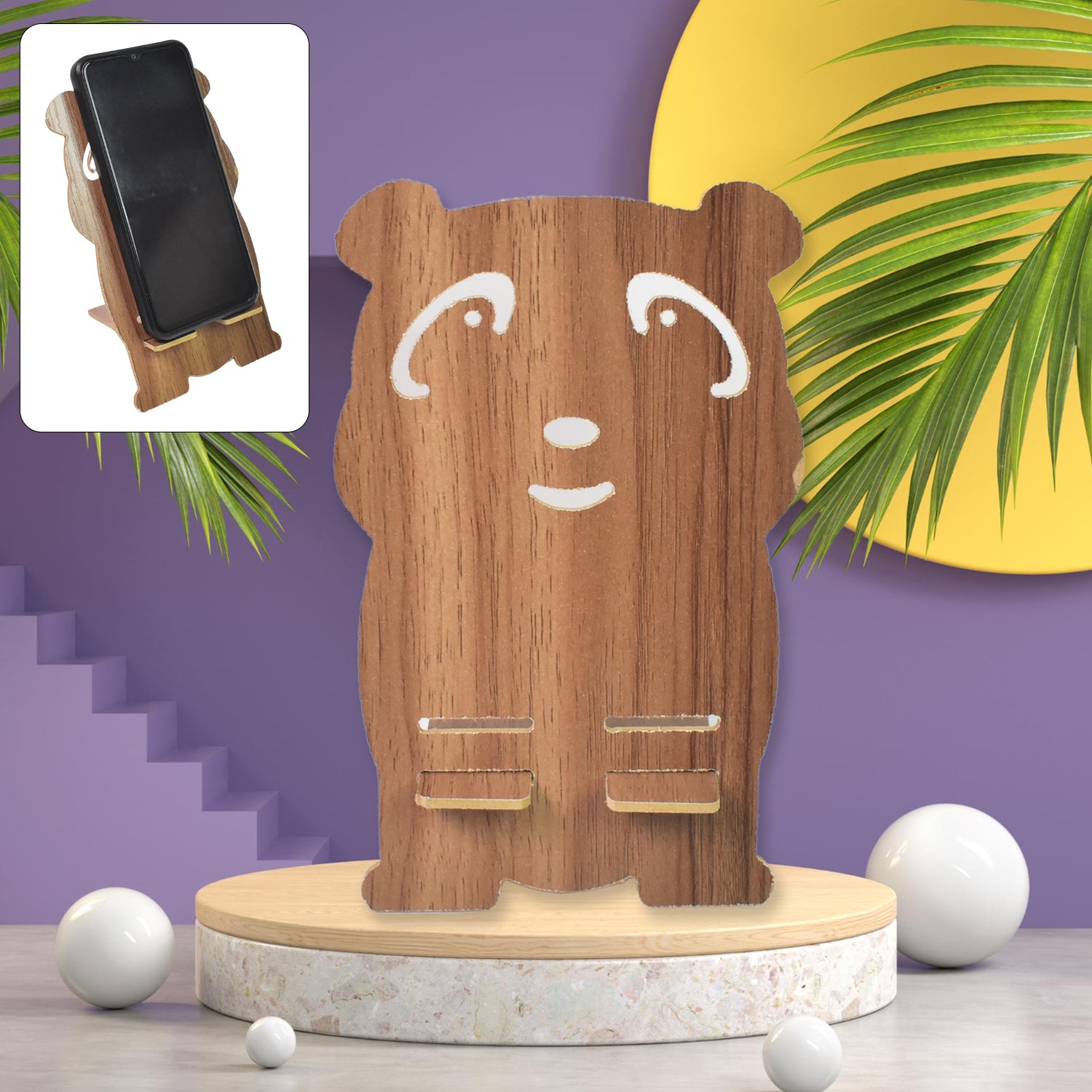 Cute cartoon wooden mobile stand in bear shape, perfect for holding smartphones on a desk