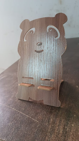 Cartoon wooden mobile stand shaped like a smiling panda, perfect for holding phones and tablets