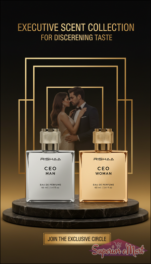 Rishaa CEO Man (silver) and CEO Woman (gold) perfume bottles on a marble pedestal with gold art deco accents.