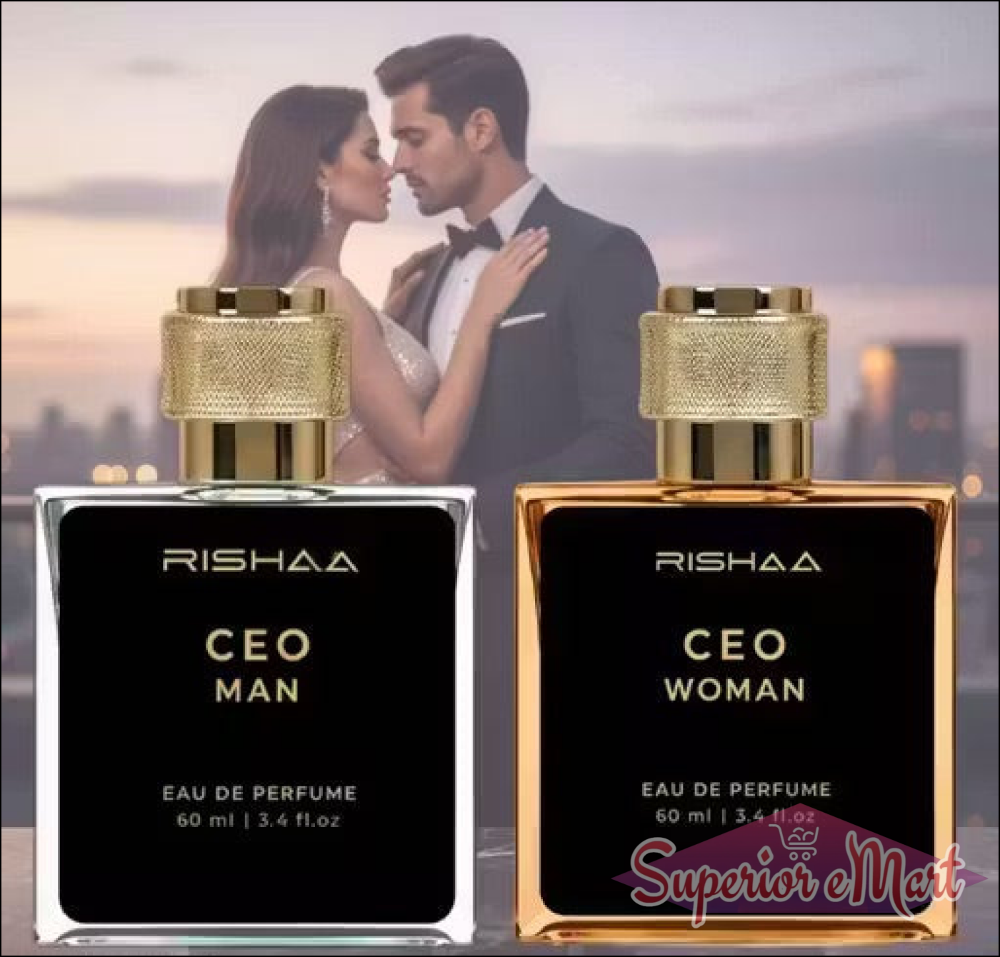 Two Rishaa CEO perfume bottles for men and women with a couple in the background.