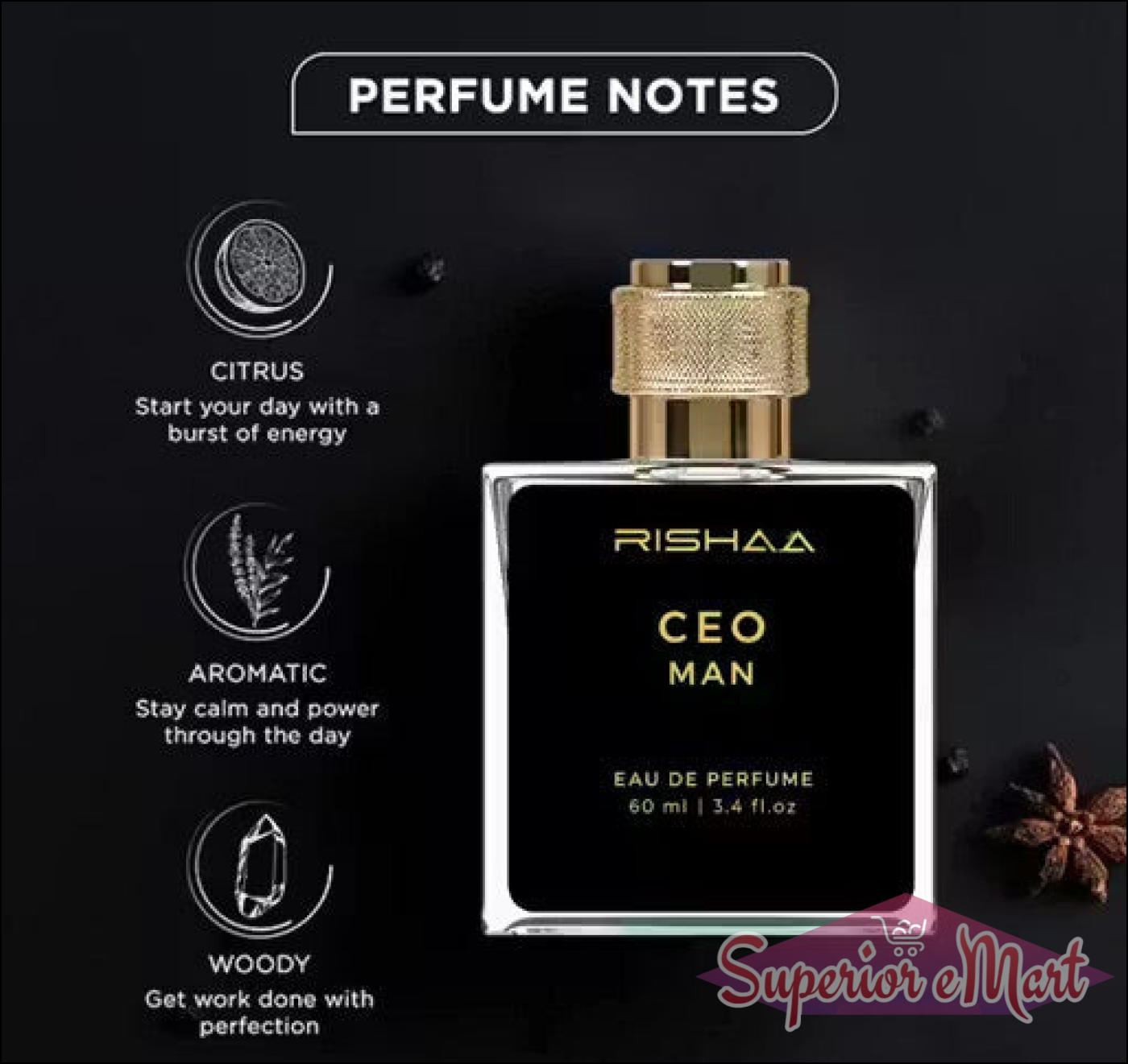 Rishaa CEO Man perfume bottle with gold cap. Infographic lists citrus, aromatic, and woody scent notes.