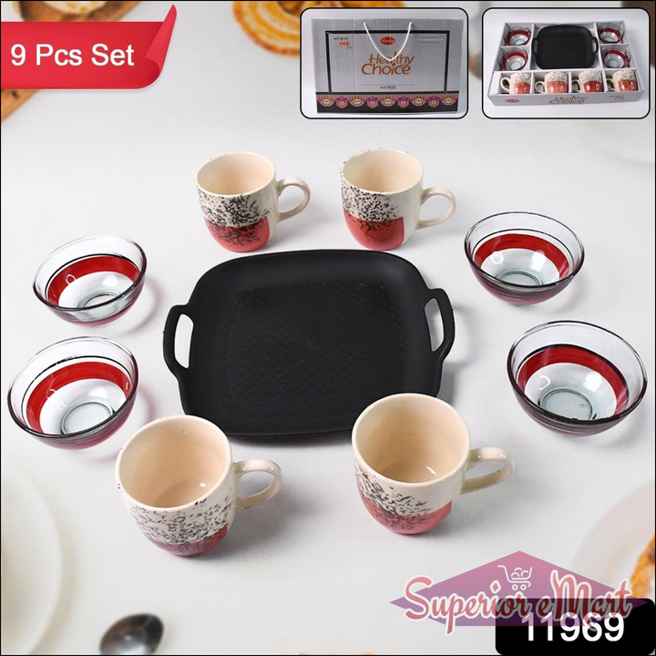 Ceramic Cup and Glass Bowl Set - 9 Pieces - Superior eMart