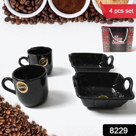 ceramic tea cup mug set in black with two cups and two serving trays for a stylish dining experience