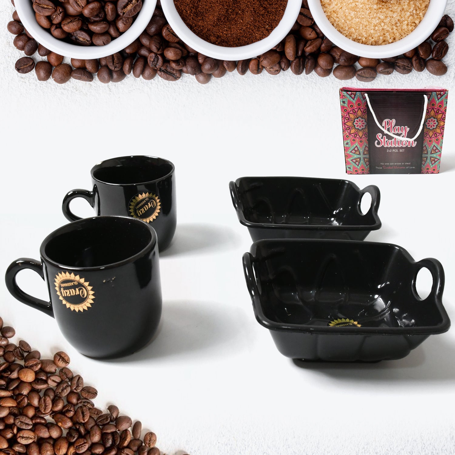 Superior eMart ceramic tea cup mug set with two black cups and serving dishes