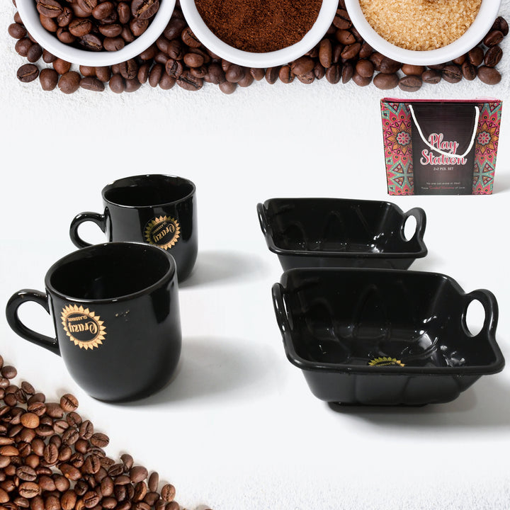 Superior eMart ceramic tea cup mug set with two black cups and serving dishes
