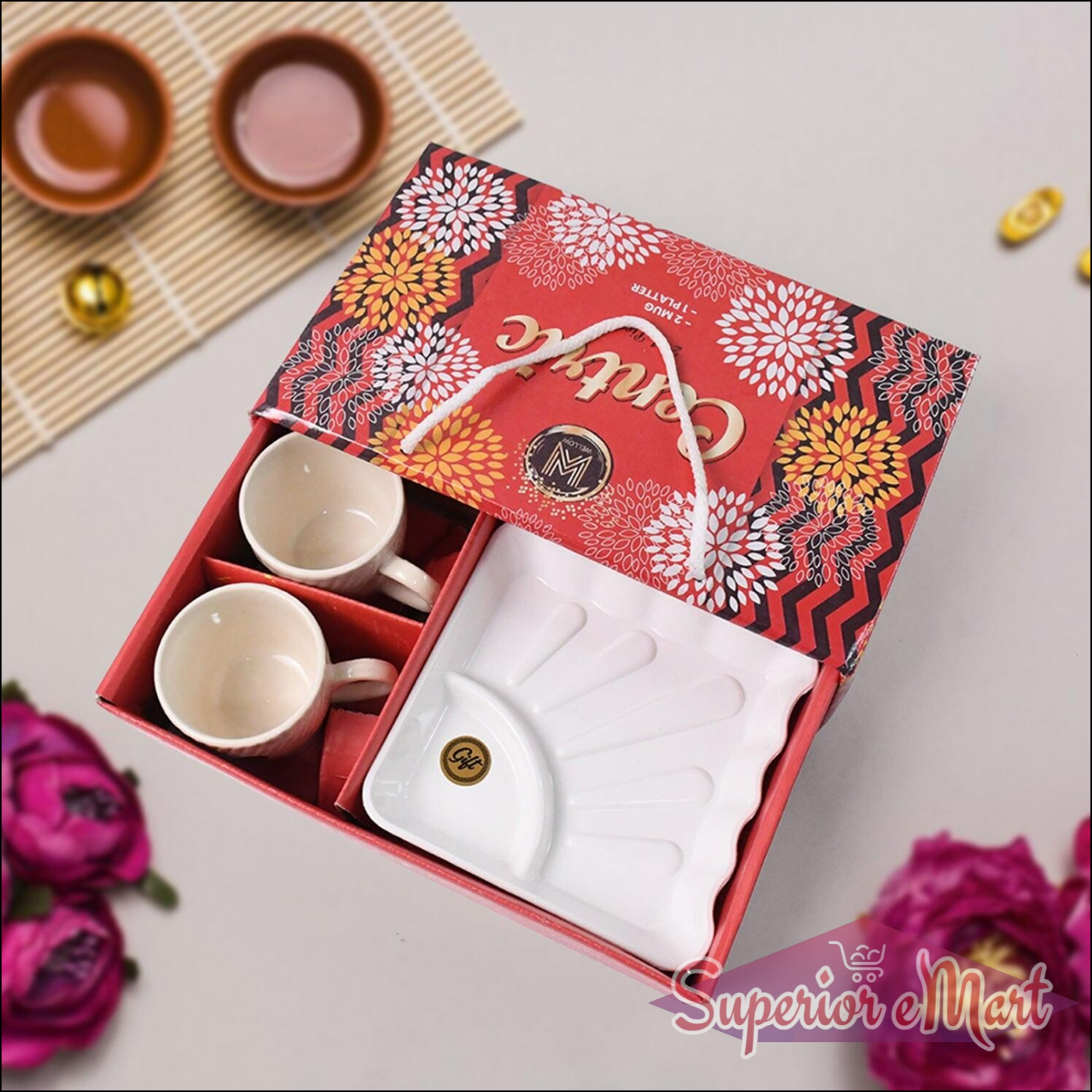 Ceramic Tea Cup Set with Tray, 3 Pcs - Superior eMart