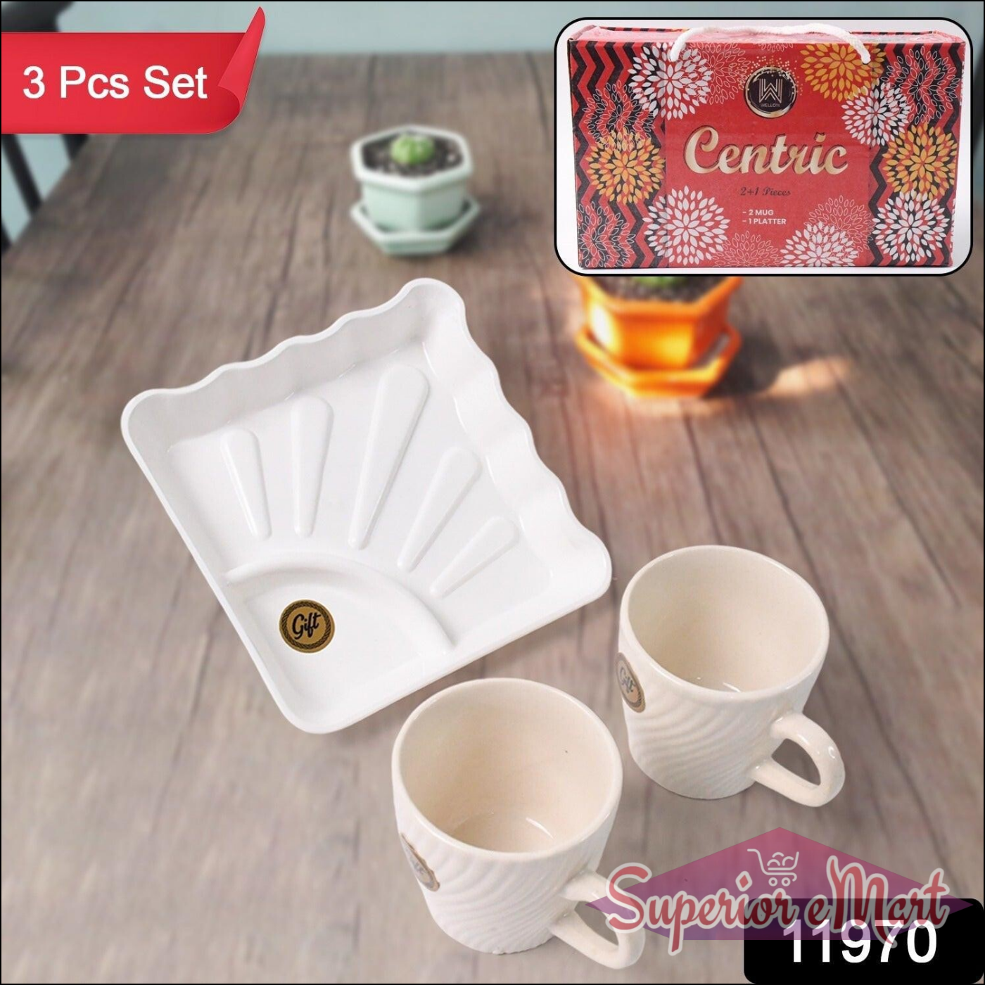 Ceramic Tea Cup Set with Tray, 3 Pcs - Superior eMart