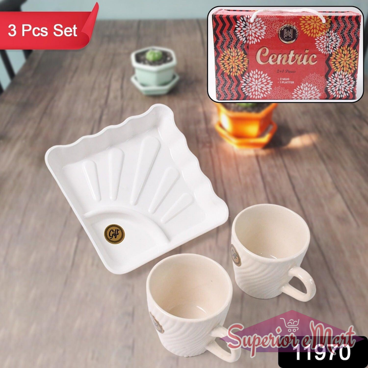 Ceramic Tea Cup Set with Tray, 3 Pcs - Superior eMart