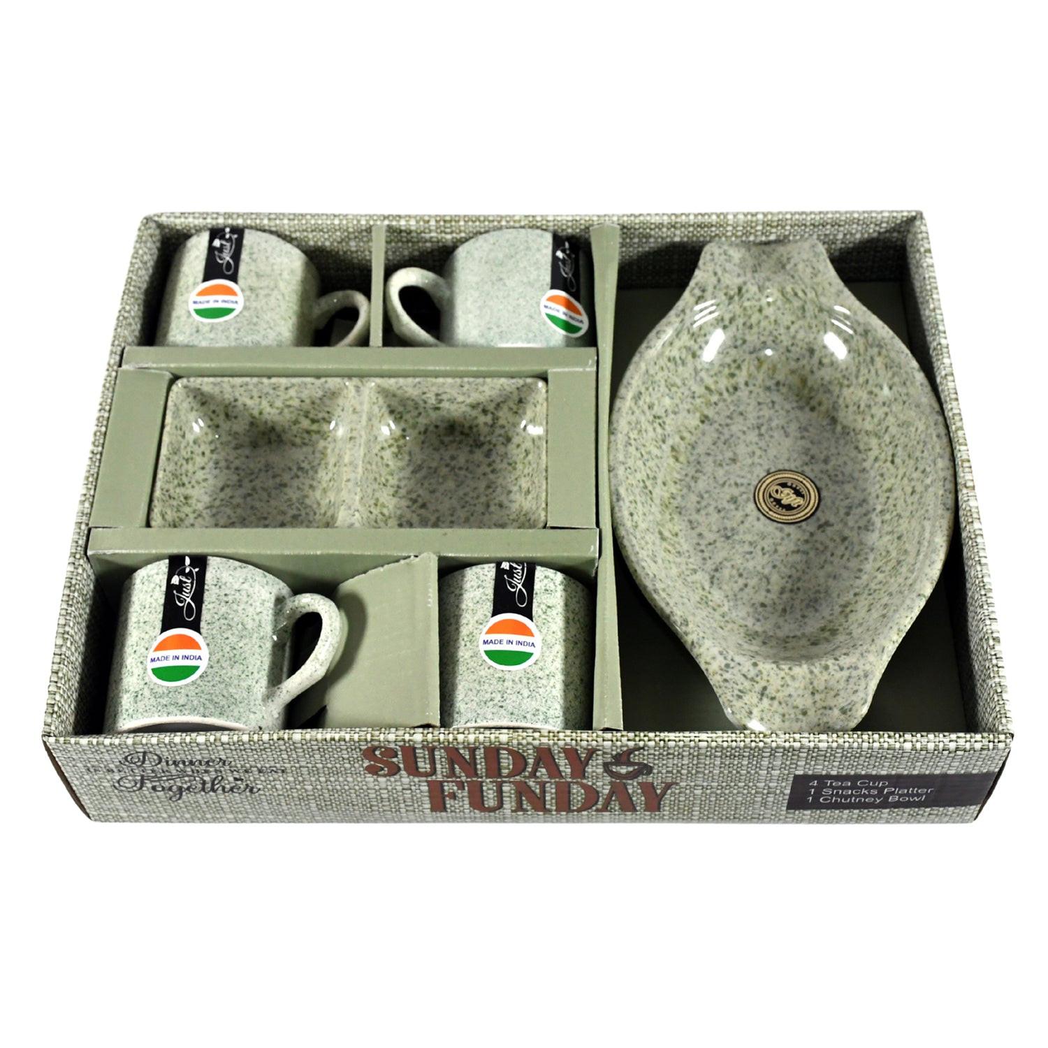 Ceramic tea cups with snacks platter set in a decorative box for gatherings and special occasions
