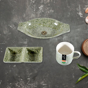 Ceramic tea cups with snacks platter set featuring speckled green design for elegant serving.