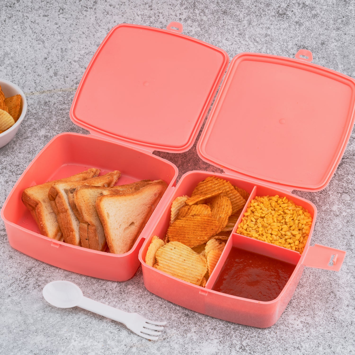 Double-Layer Square Lunch Box with Spoon , 4 Compartment Tiffin & Push Lock , Tiffin Box for Travelling, School Kids & Office Exclusive, Home