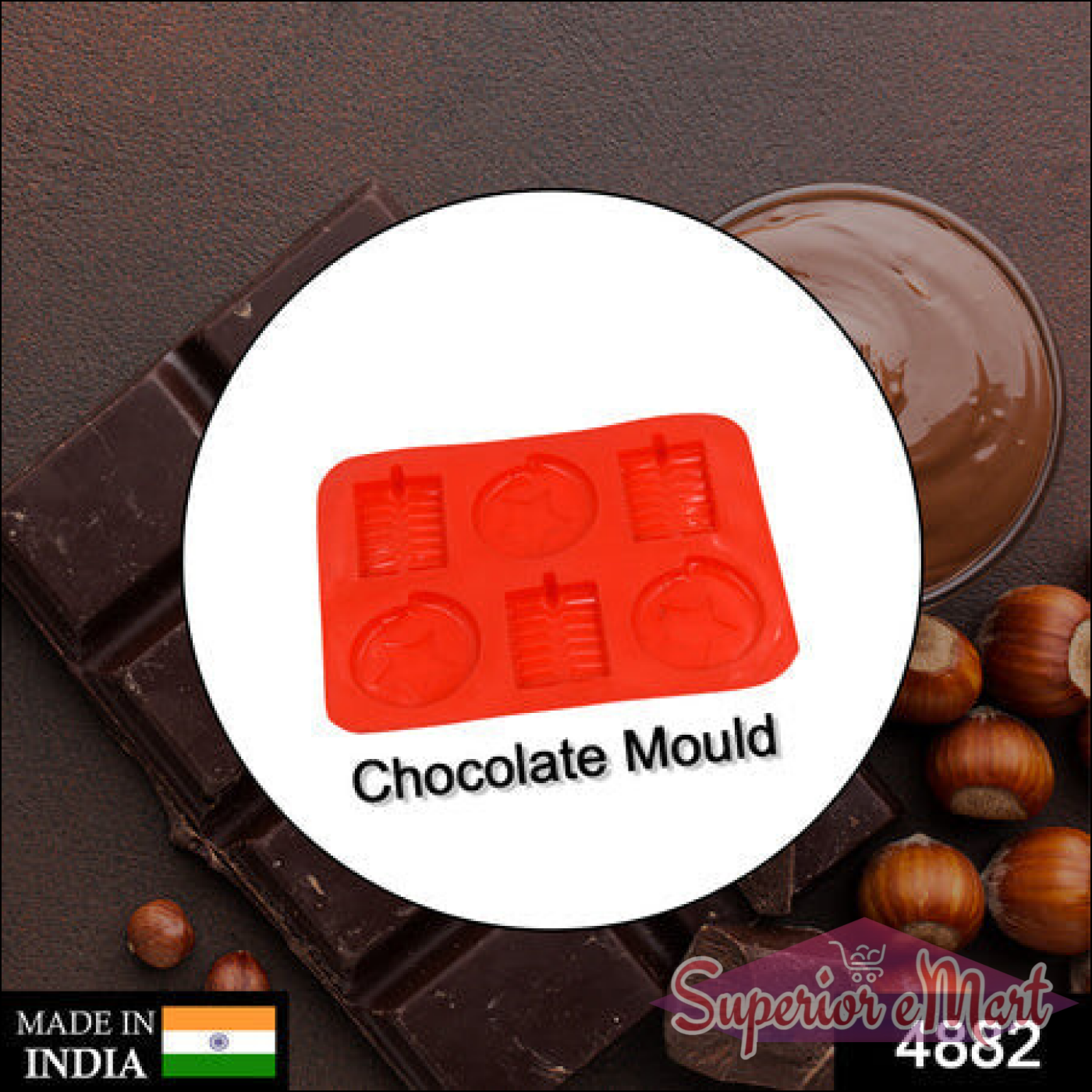 Red silicone chocolate mold tray with four cavities for shaping delicious chocolates