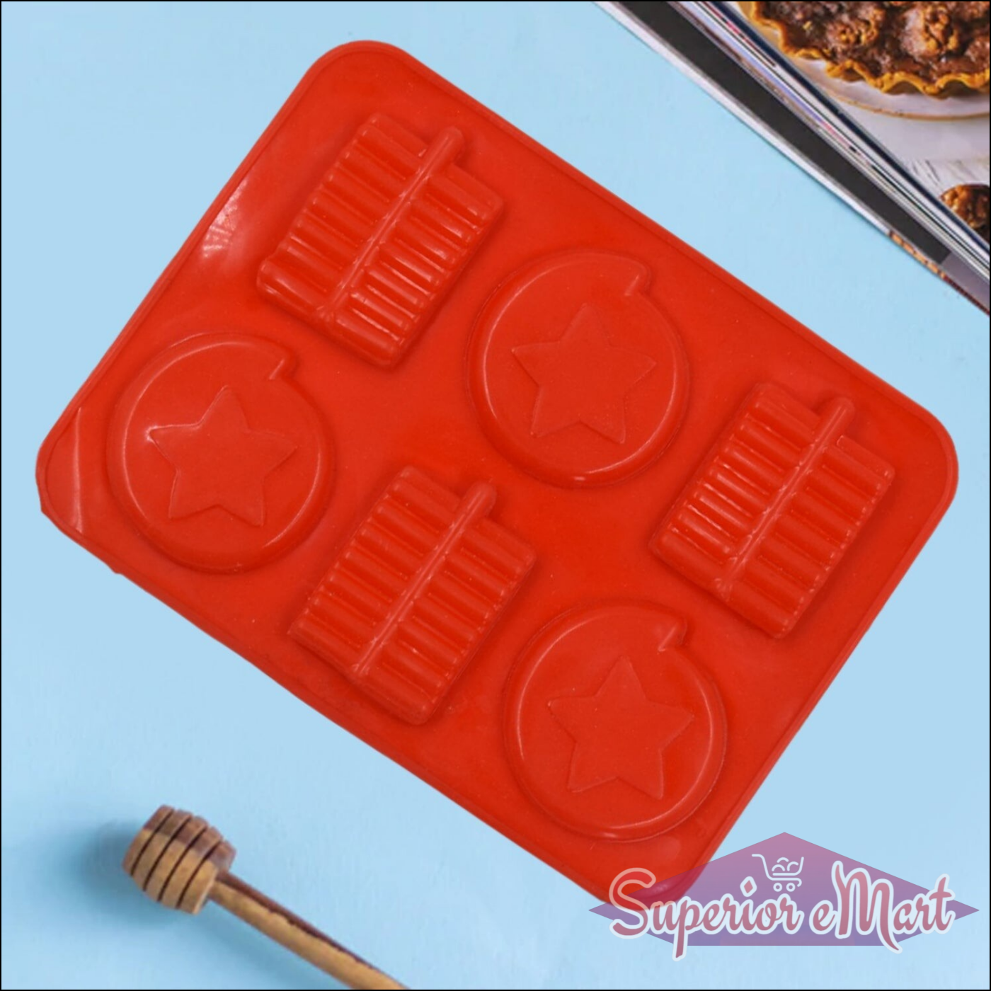 Silicone chocolate mold tray in red with six star-shaped compartments for easy candy making
