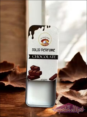 The Pearl Studio 10gm Chocolate Solid Perfume in a sliding silver metal tin with a chocolate-themed white label.