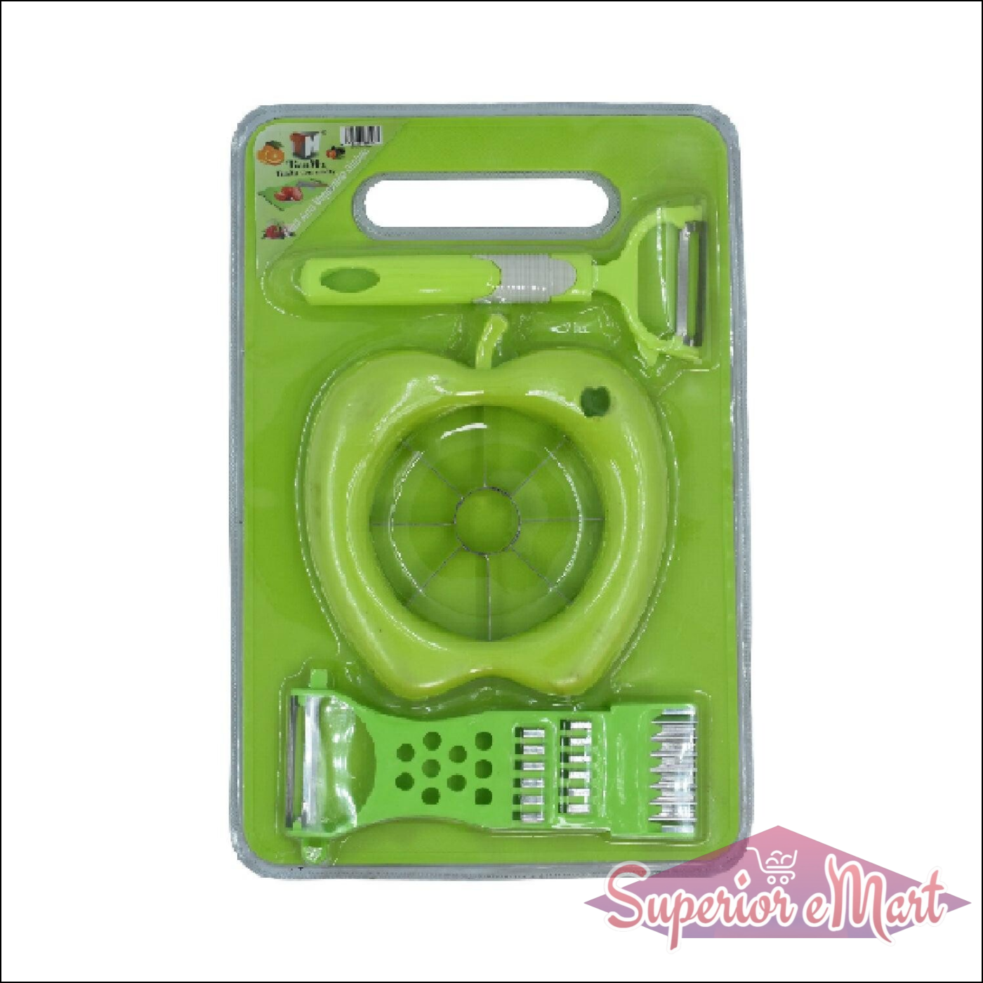 Superior eMart multipurpose chopping board set with apple slicer and peelers in vibrant green color