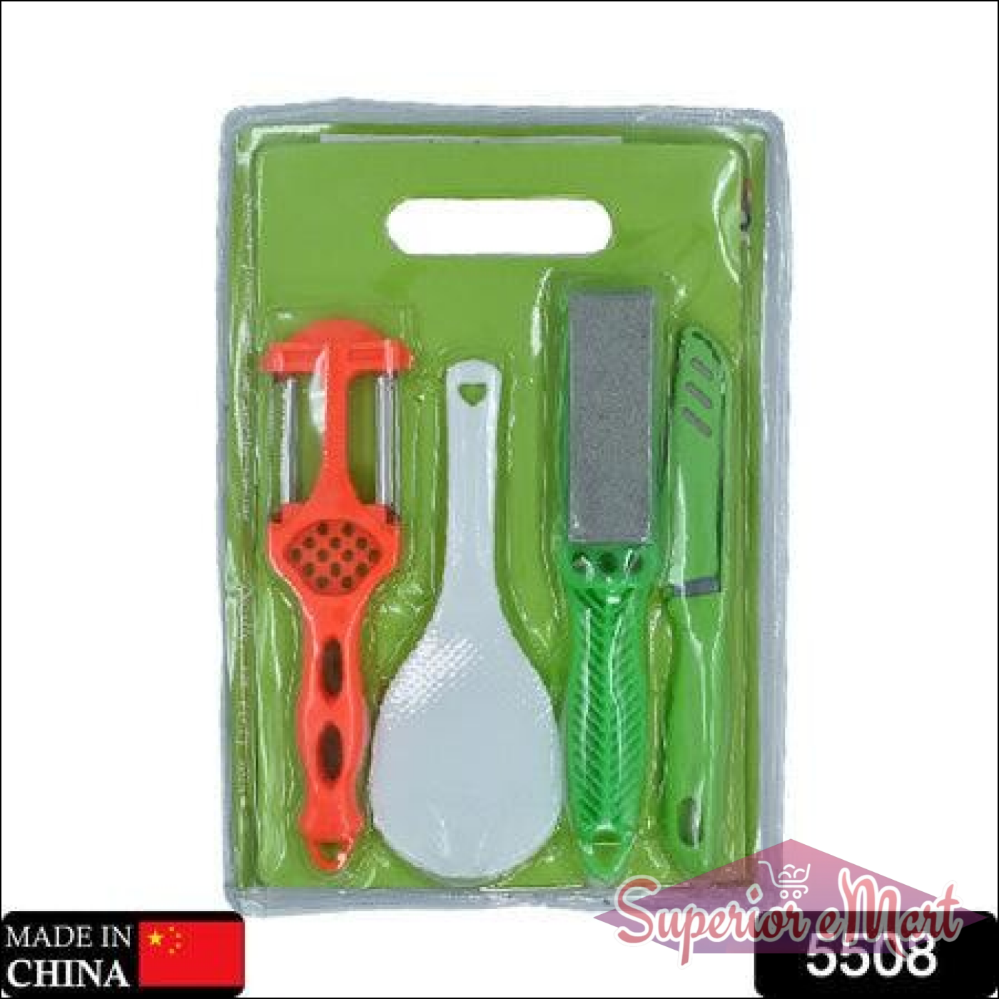 Superior eMart multipurpose chopping board set with peeler, spatula, grater, and knife for kitchen use