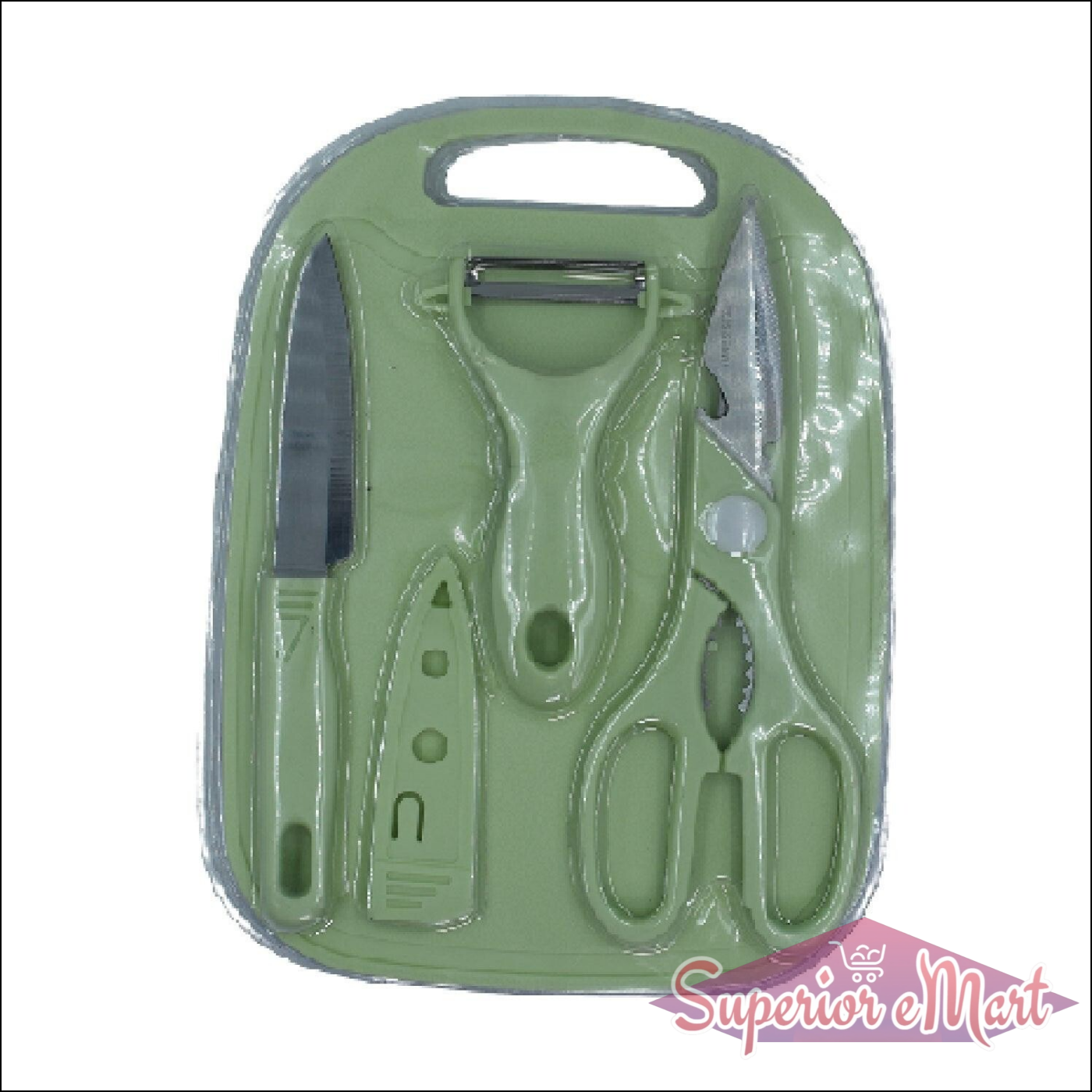 Superior eMart multipurpose chopping board set with knife, peeler, and scissors for efficient food preparation