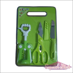 Multipurpose chopping board set with green kitchen tools including scissors, knives, and a peeler