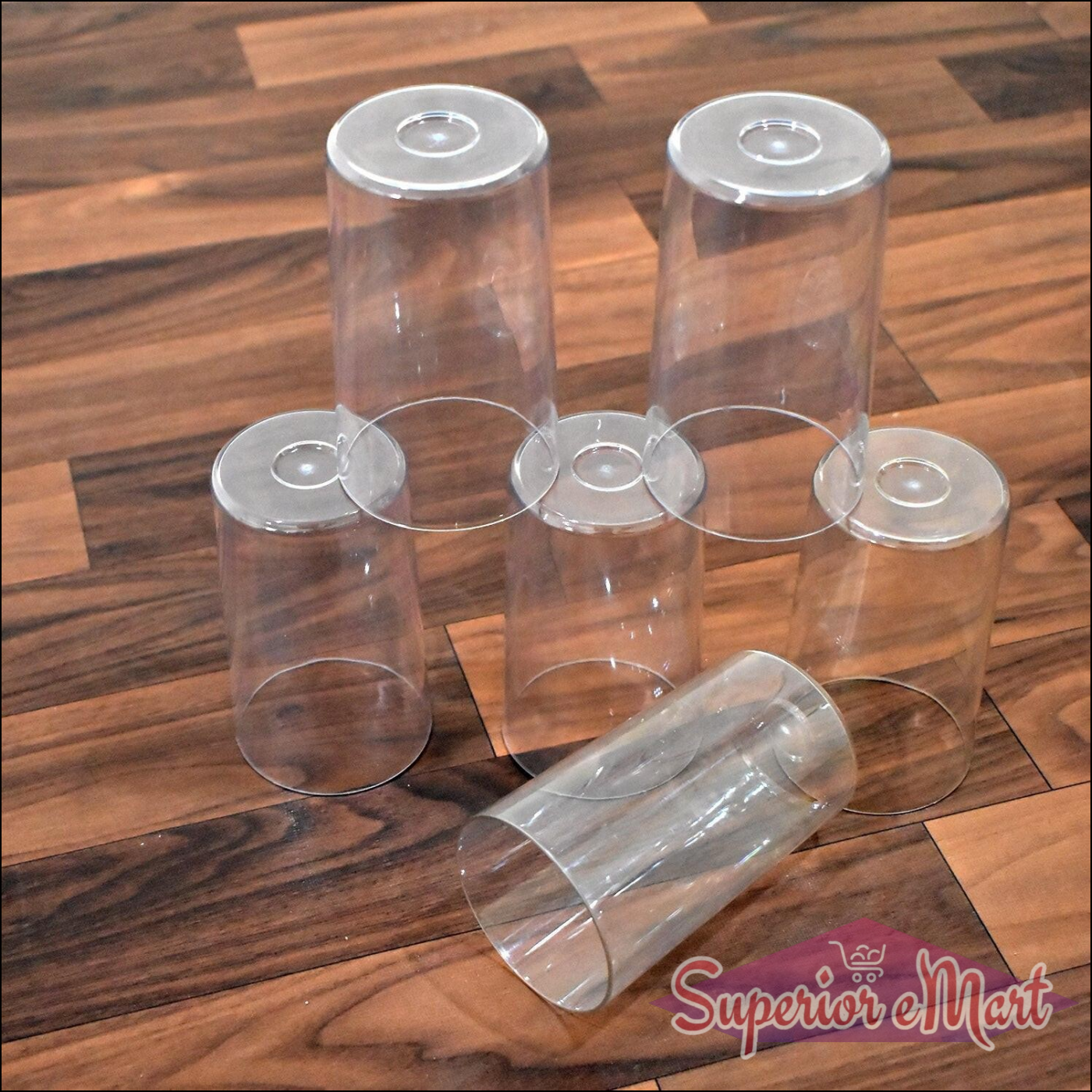 Superior eMart classic glass set of 6 transparent cups stacked on wooden floor