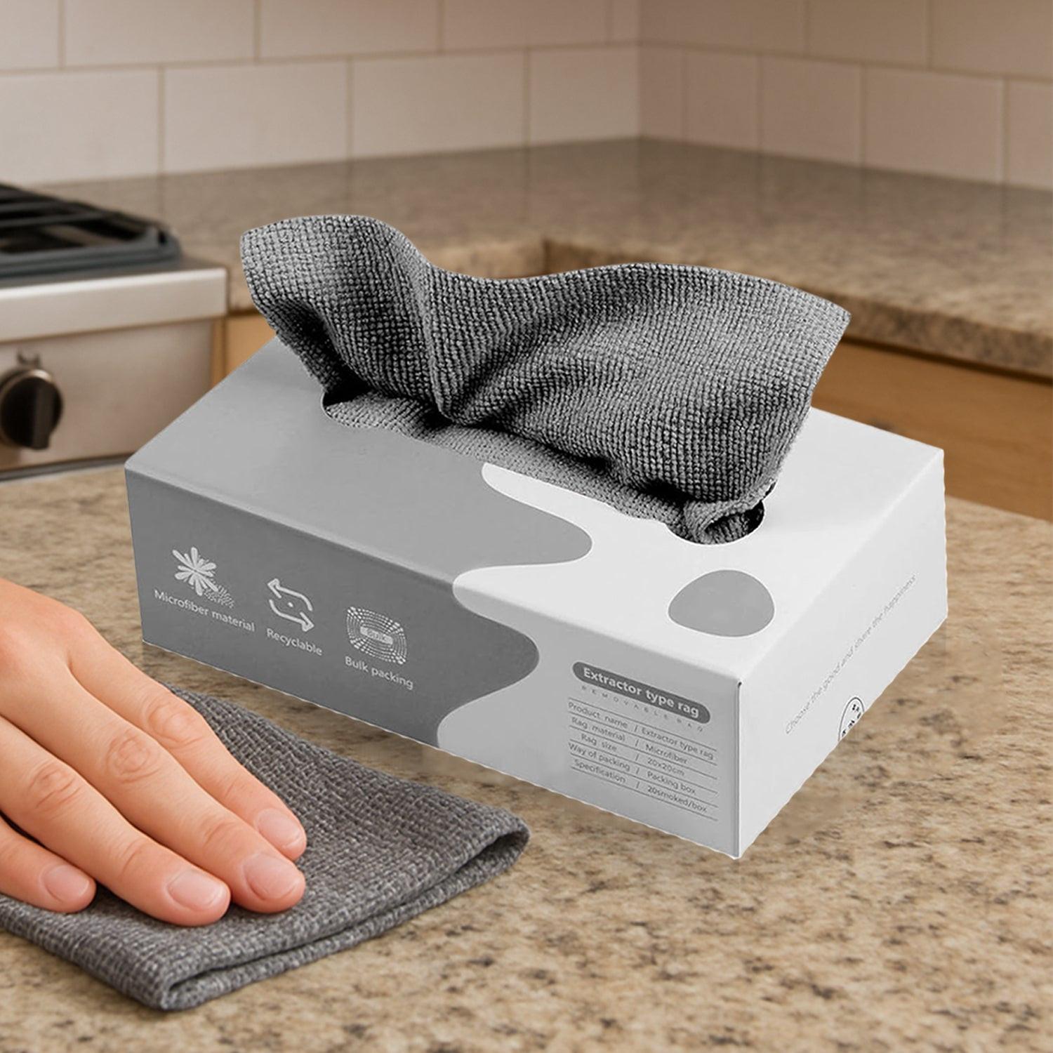 Multi-purpose cleaning rags for kitchen and car in a box with a hand reaching for a rag