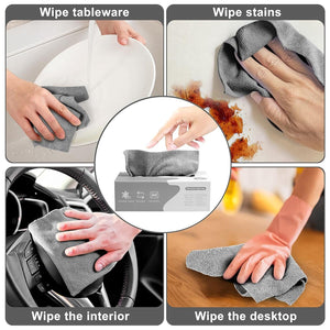 Multi-purpose cleaning rags for kitchen and car shown wiping tableware, stains, interior, and desktop surfaces.