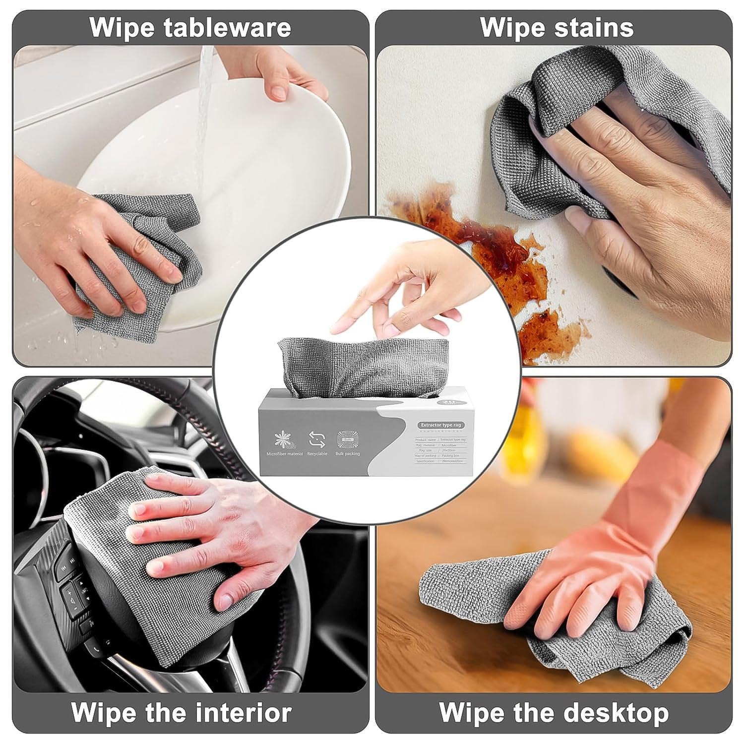 Multi-purpose cleaning rags for kitchen and car shown wiping tableware, stains, interior, and desktop surfaces.