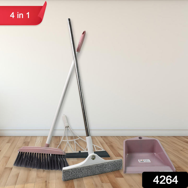 4-piece cleaning tool set including broom, dustpan, squeegee, and mop handle for efficient home cleaning