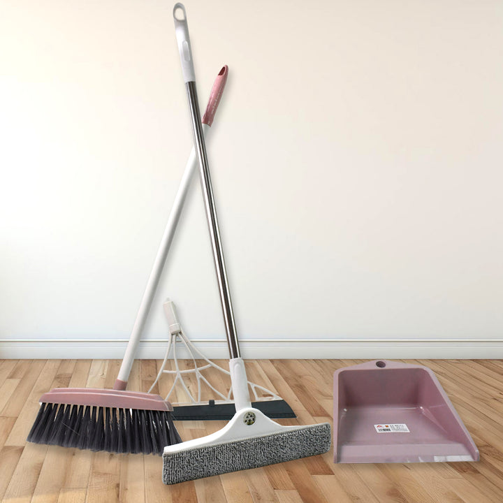 4-piece cleaning tool set including broom, dustpan, and cleaning brush for efficient home cleaning