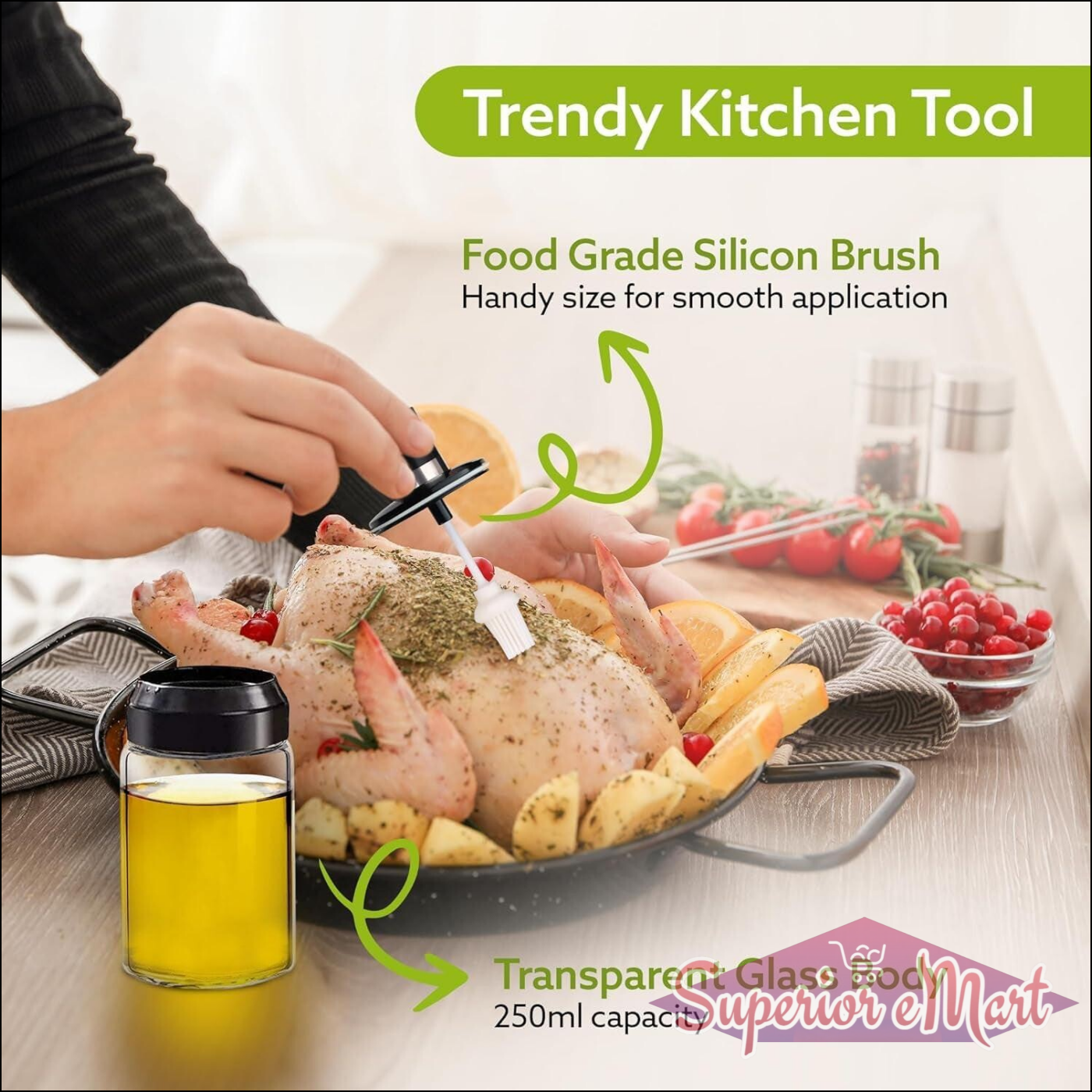 Glass oil dispenser with brush featuring a transparent body and food-grade silicone brush for precise application