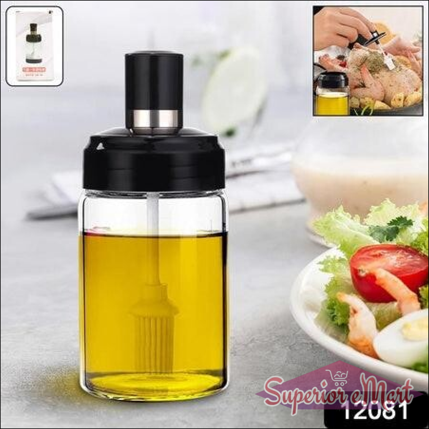 Glass oil dispenser with brush for easy and precise oil application on salads and grilled dishes