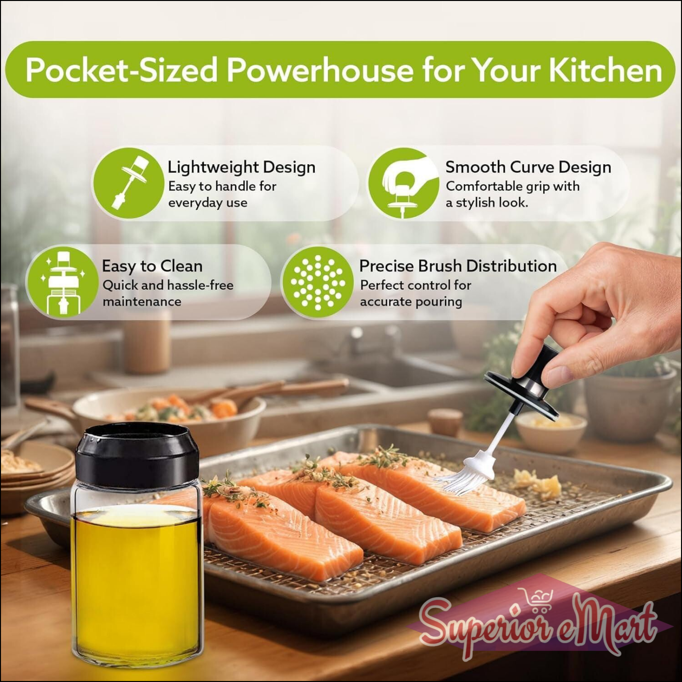 Glass oil dispenser with brush for precise oil application and effortless cooking in the kitchen