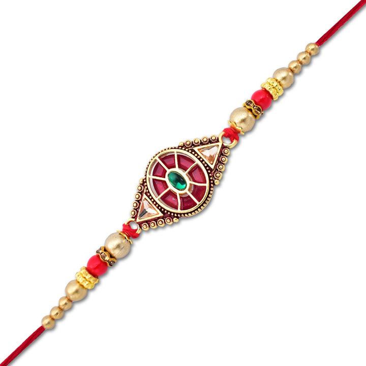 Superior eMar red and green enamel rakhi with gold beads and intricate decorative design