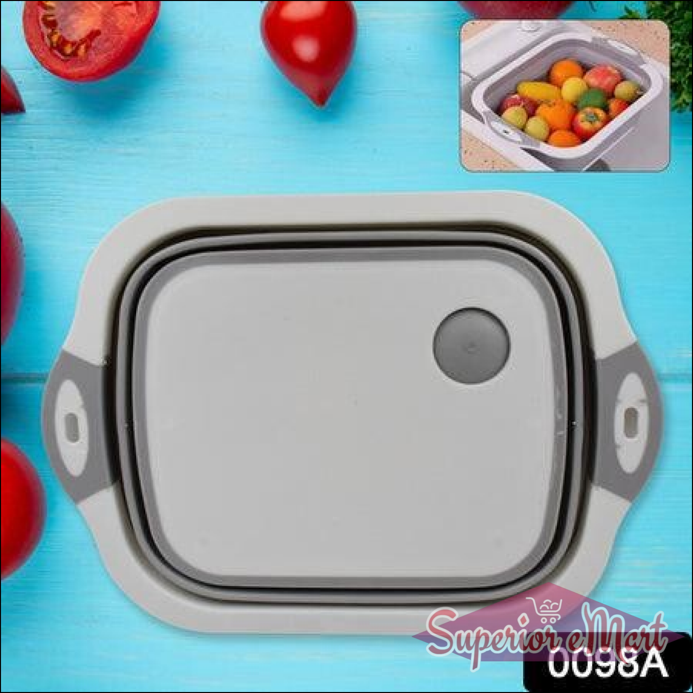 Collapsible cutting board with dish tub in gray, perfect for chopping and washing vegetables easily