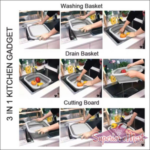 Collapsible cutting board with dish tub for versatile kitchen tasks, including washing and draining fruits and vegetables