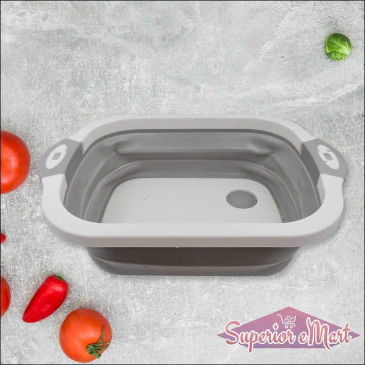 Collapsible cutting board with dish tub in gray for easy food prep and washing