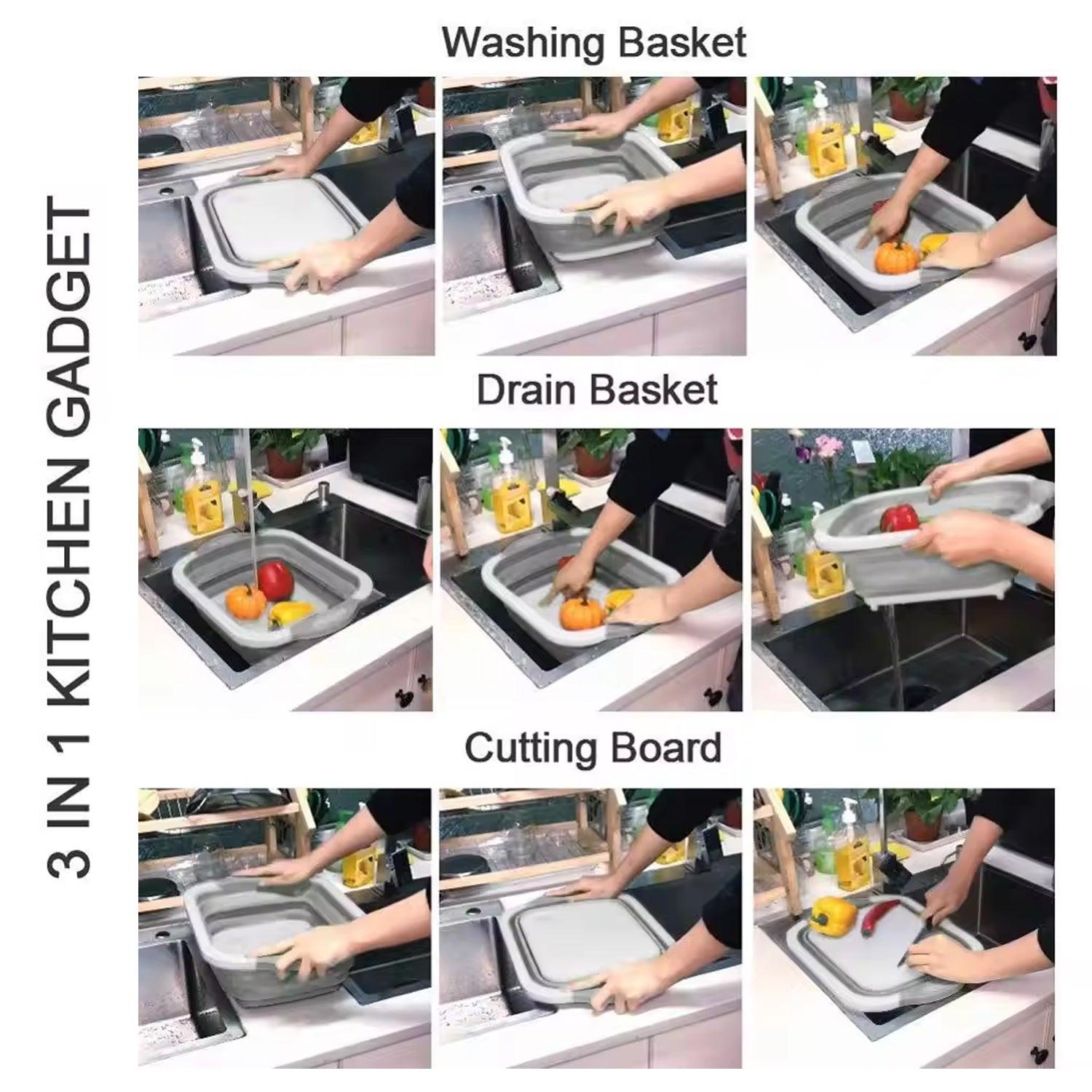 Collapsible cutting board with dish tub for versatile kitchen tasks, including washing and draining fruits and vegetables