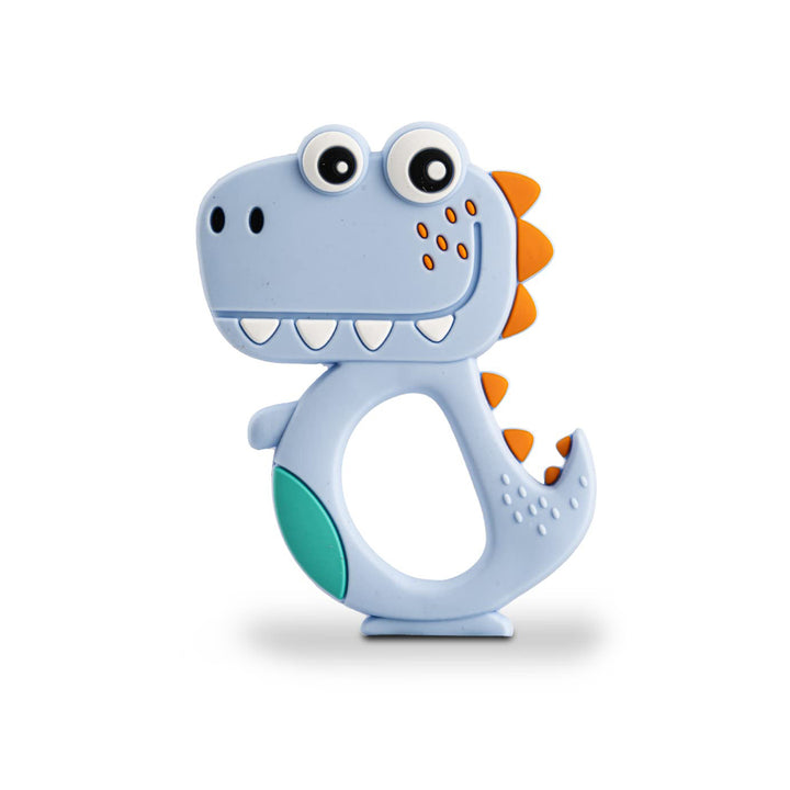 Colorful dinosaur teether for infants made from soft, safe materials for soothing gums