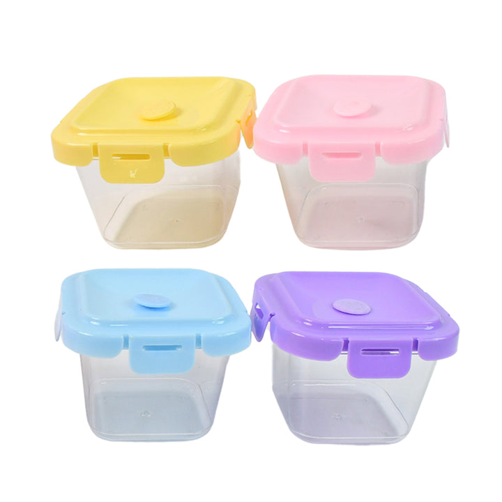Colorful food containers set with lids in yellow, pink, blue, and purple for easy storage