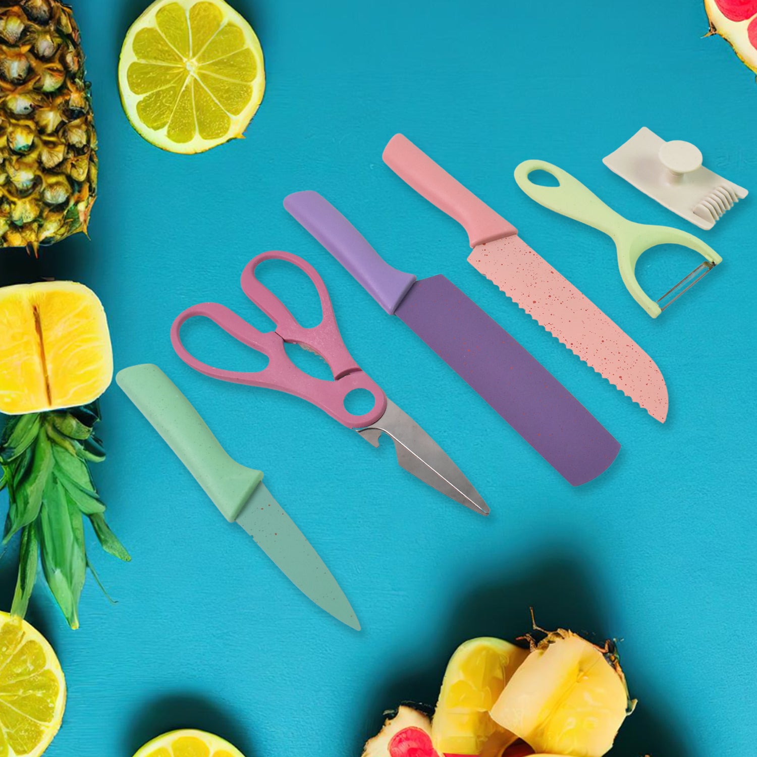 Colorful kitchen knives set 6 pcs including various knives and scissors for versatile food prep