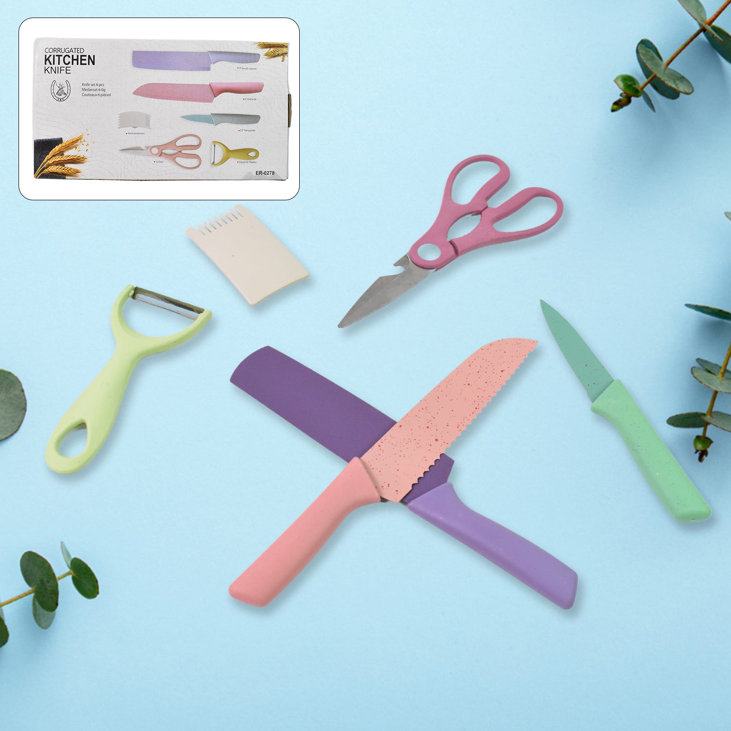 Colorful kitchen knives set 6 pcs with assorted tools for vibrant meal prep and cutting tasks