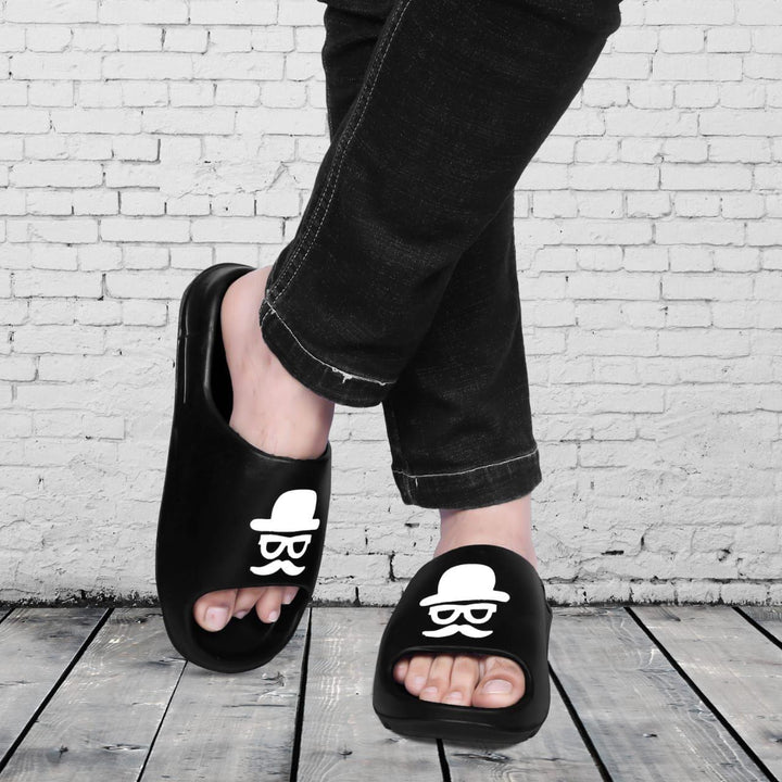 Stylish black comfortable men's slider with unique design for casual wear