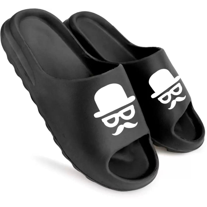 Comfortable men's slider with a stylish hat and mustache logo in black color