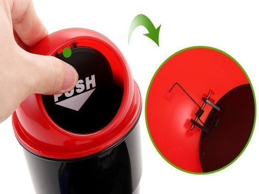 Compact car trash bin with push-top lid for easy waste disposal in vehicles